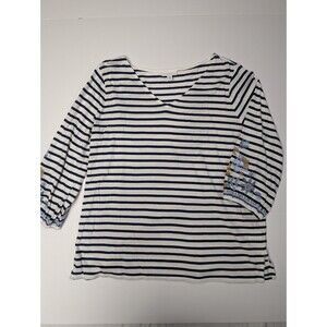 J. Jill Med Blue White Stripe Stretch Top Shirt Blouse Long Embroidered Sleeve
